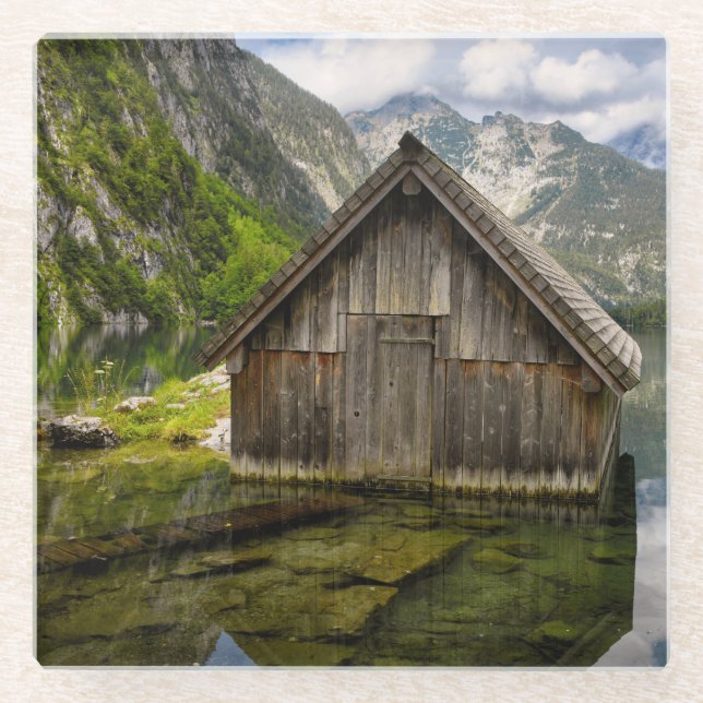 Boathouse in Obersee lake in Alps in Germany Glass Coaster (Front)