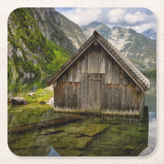 Boathouse in Obersee lake in Alps in Germany Square Paper Coaster (Front)