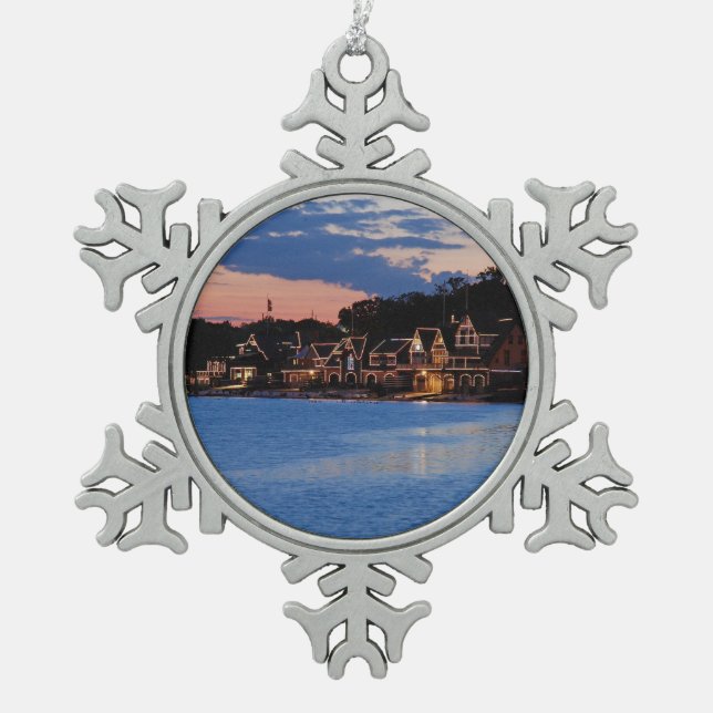 Boathouse Row dusk Snowflake Pewter Christmas Ornament (Front)