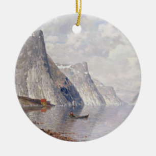 Boating on a Norwegian Fjord (oil on canvas) Ceramic Ornament