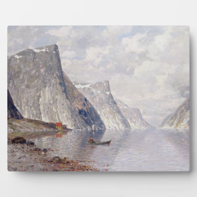 Boating on a Norwegian Fjord (oil on canvas) Plaque (Front)