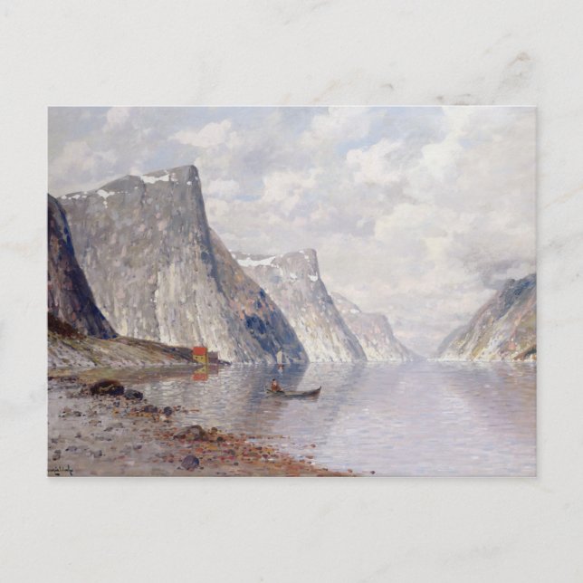 Boating on a Norwegian Fjord (oil on canvas) Postcard (Front)