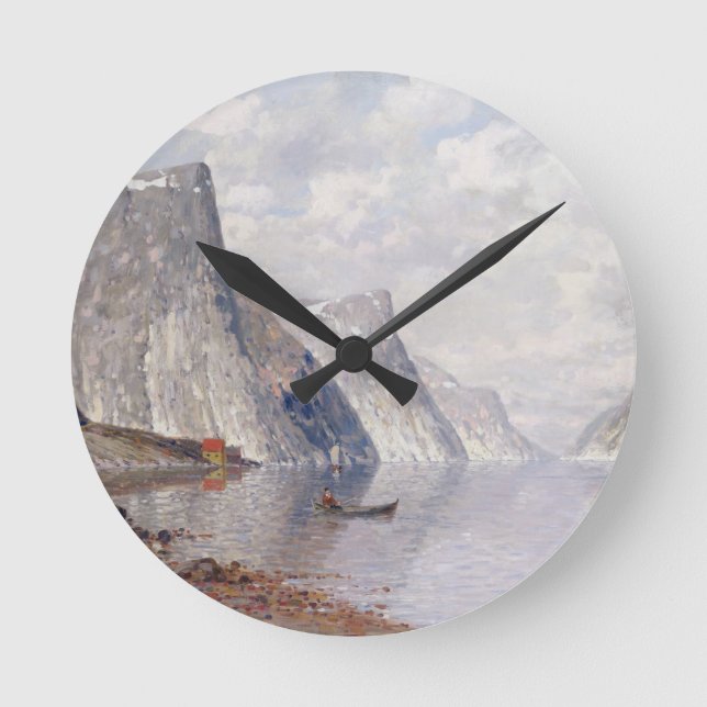 Boating on a Norwegian Fjord (oil on canvas) Round Clock (Front)