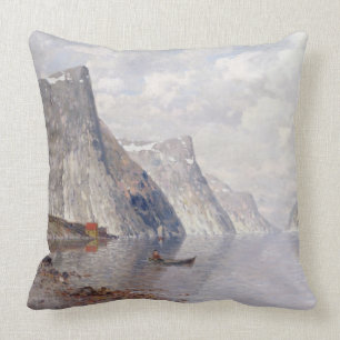 Boating on a Norwegian Fjord (oil on canvas) Throw Pillow