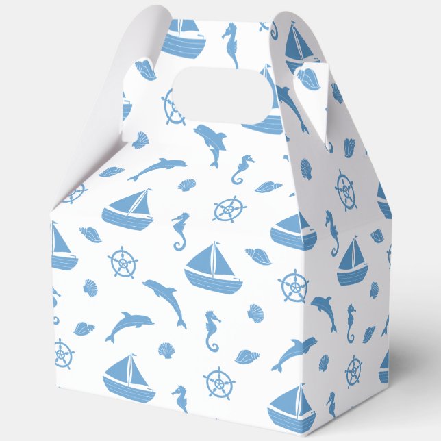 Boats and Dolphins Nautical Pattern Blue White Favor Box (Front)