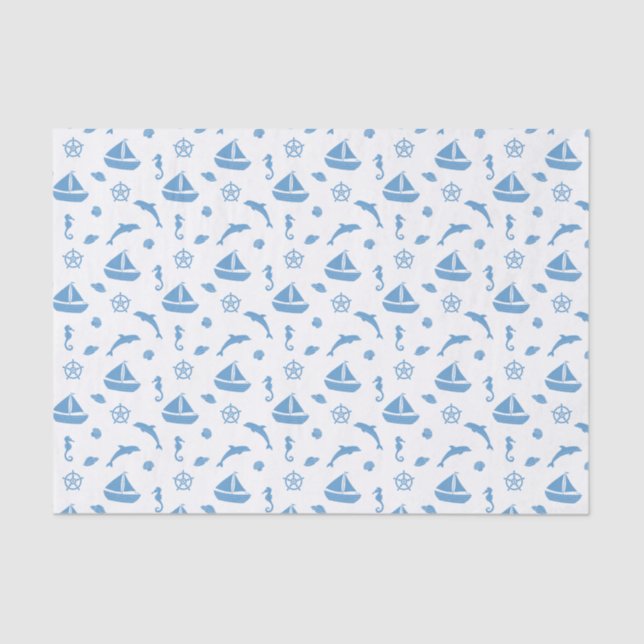 Boats and Dolphins Nautical Pattern Blue White Tissue Paper (Front)