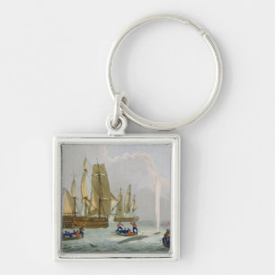Boats Approaching a Whale, engraved by Matthew Dub Keychain