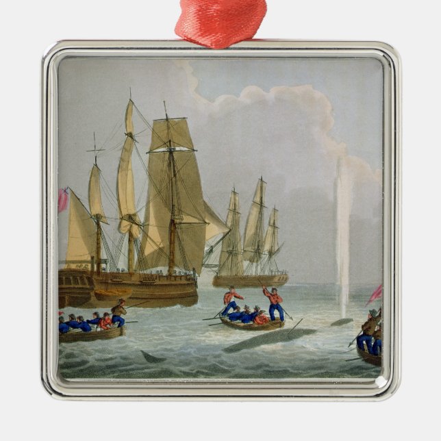 Boats Approaching a Whale, engraved by Matthew Dub Metal Ornament (Front)