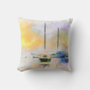 boats at sunset outdoor pillow