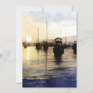Boats At Sunset Watercolor Holiday Card