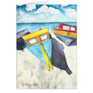 Boats in the Aruba Sun, Watercolor Print on Card