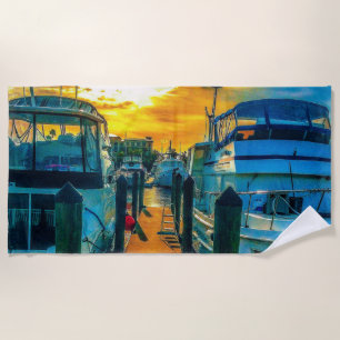 Boats in the Harbour Sunset Beach Towel