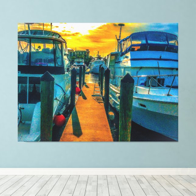 Boats in the Harbour Sunset Canvas Print (Insitu(Wood Floor))