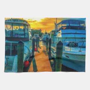 Boats in the Harbour Sunset Kitchen Towel