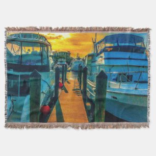 Boats in the Harbour Sunset Throw Blanket