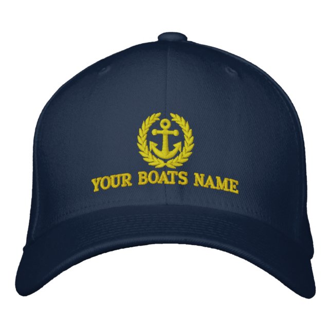 Boats name with sailors anchor motif embroidered hat (Front)