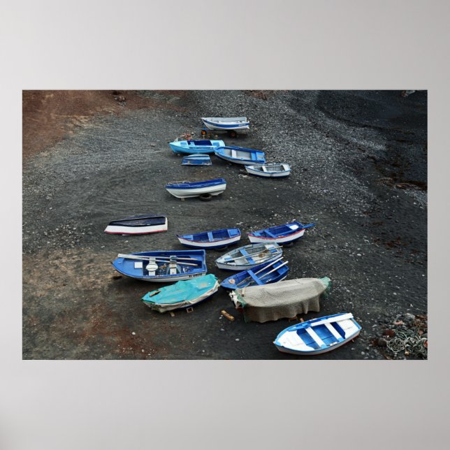Boats On Black Sand Beach On Lanzarote Poster (Front)