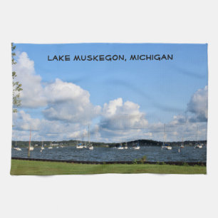 Boats on Lake Muskegon Kitchen Towel