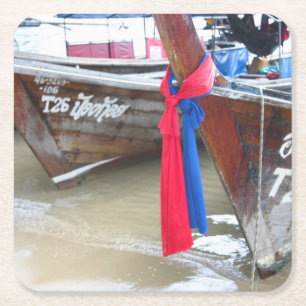 Boats On The Beach   Phi Phi Islands, Thailand Square Paper Coaster