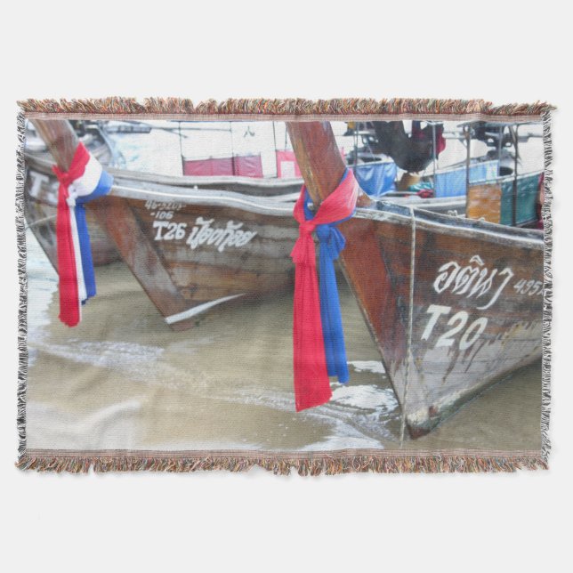 Boats On The Beach | Phi Phi Islands, Thailand Throw Blanket (Front)