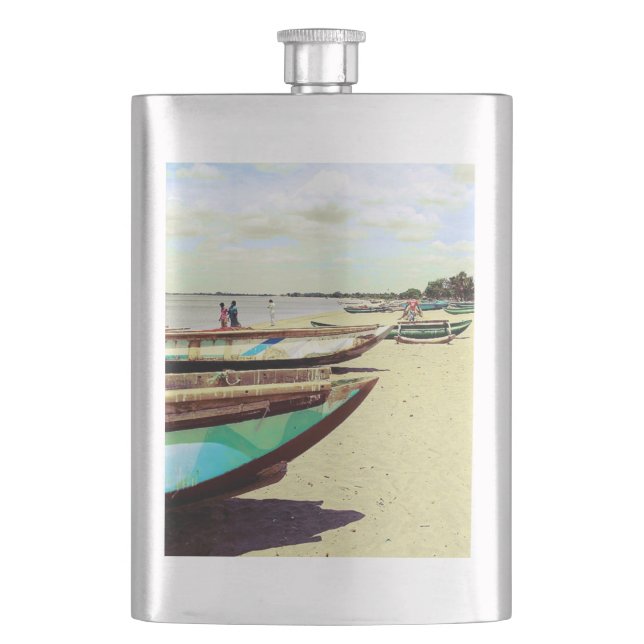 Boats on Tropical Beach Hip Flask (Front)