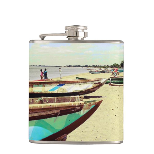 Boats on Tropical Beach Hip Flask (Front)