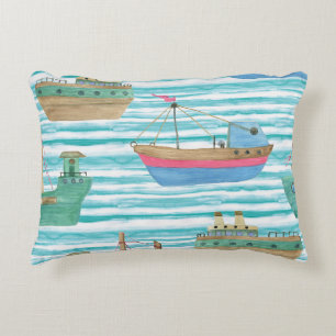 Boats Stripes: Watercolor Painting Pattern. Accent Pillow
