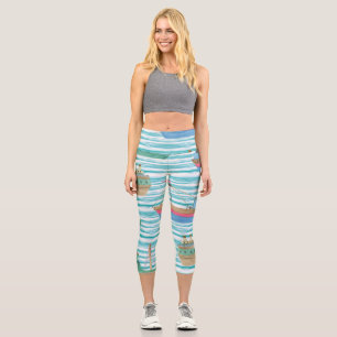 Boats Stripes: Watercolor Painting Pattern. Capri Leggings