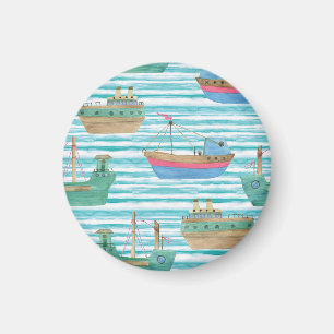 Boats Stripes: Watercolor Painting Pattern. Magnet