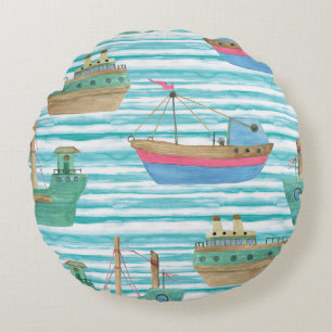 Boats Stripes: Watercolor Painting Pattern. Round Pillow