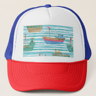 Boats Stripes: Watercolor Painting Pattern. Trucker Hat