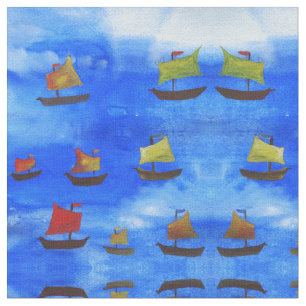Boats watercolor Blue Sea Combed Cotton Fabric