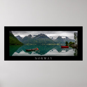 Boats with reflection in Norway black pano poster