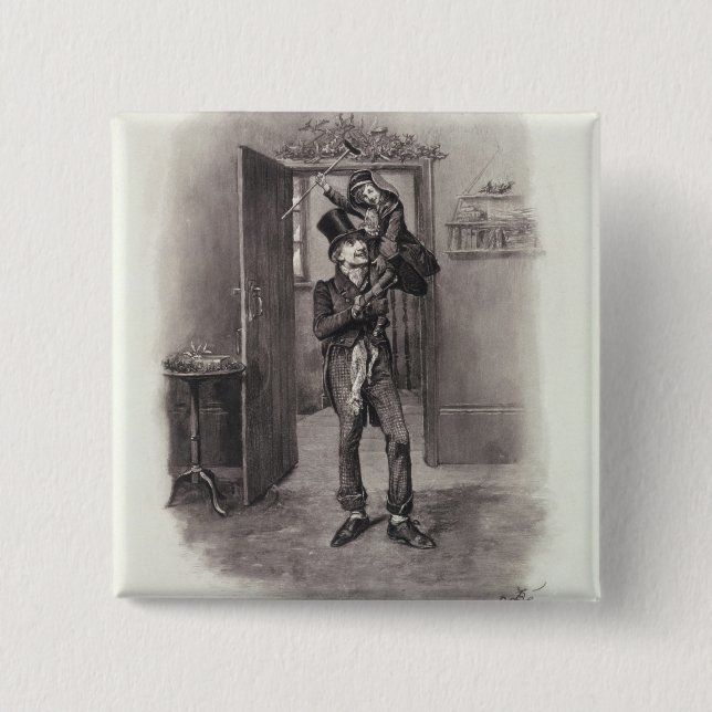 Bob Cratchit and Tiny Tim, from 'Charles Dickens: 2 Inch Square Button (Front)