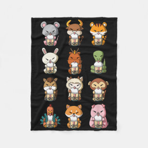 Boba Bubble Milk Tea Chinese Zodiacs Animal Lunar  Fleece Blanket