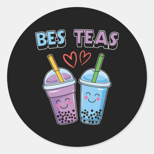 Boba Bubble Tea Bes Teas Kawaii Bestie Purple And  Classic Round Sticker (Front)