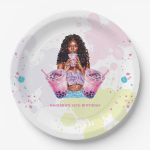 Boba Bubble Tea Birthday African American Paper Plate