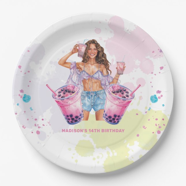 Boba Bubble Tea Birthday Personalized Paper Plate (Front)