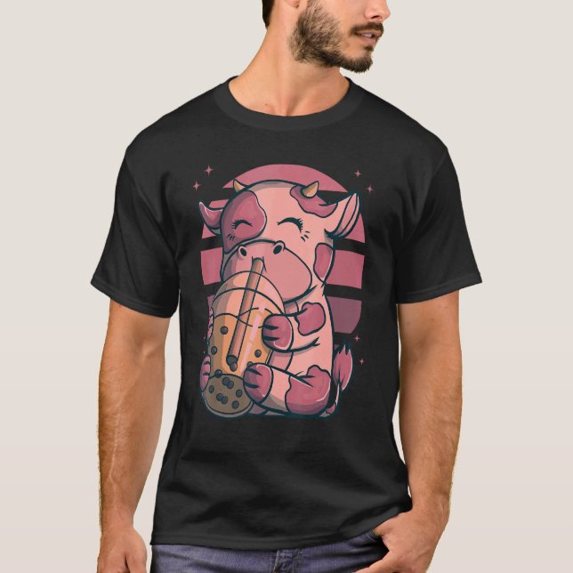 Boba Bubble Tea Cows Pink Sunset T-Shirt (Front)