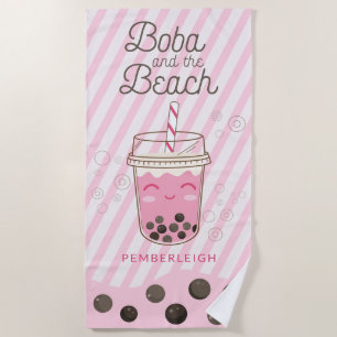 Boba Bubble Tea Pink Stripes Beach Towel