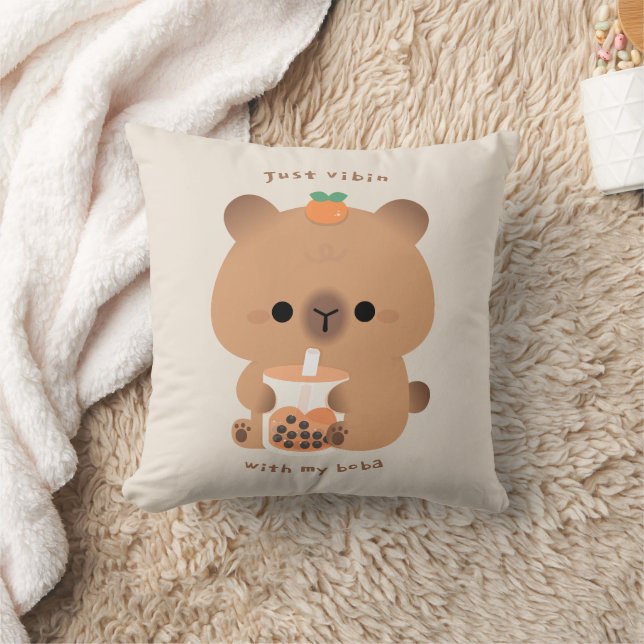 Boba Capybara Throw Pillow (Blanket)