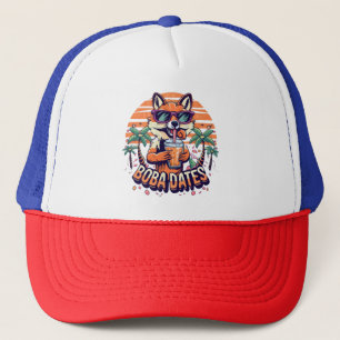 Boba Dates Trendy Cool Fox Drinking Boba Tea Trucker Hat