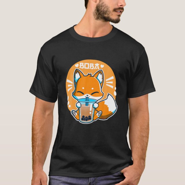 Boba Fox Drinking Kawaii Japanese Fox Bubble Milk T-Shirt (Front)