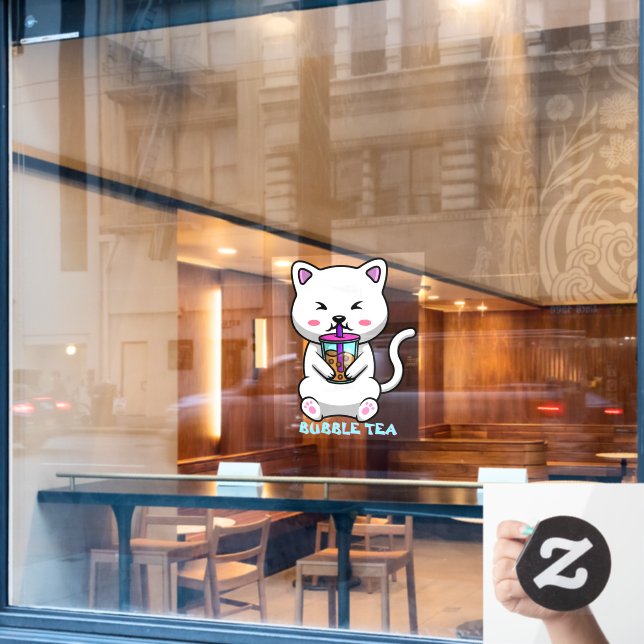 Boba Milk Tea Cute Cat Cartoon Business Window Cling (Cafe Window)