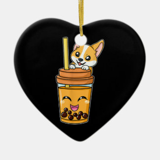 Boba Tapioca Pearls Bubble Milk Tea Drink Corgi Ceramic Ornament