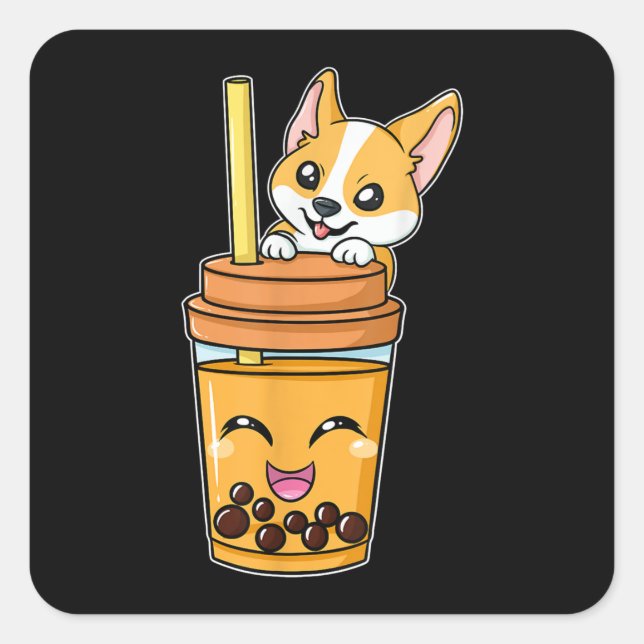 Boba Tapioca Pearls Bubble Milk Tea Drink Corgi Square Sticker (Front)
