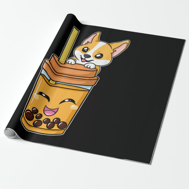 Boba Tapioca Pearls Bubble Milk Tea Drink Corgi Wrapping Paper (Unrolled)