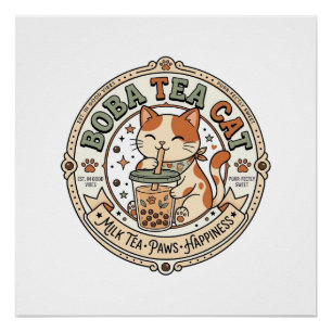 Boba Tea Cat Boba Tea Cat Vintage Vector Art Shirt Poster