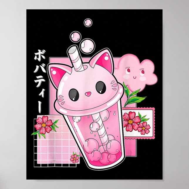Boba Tea Cat Bubble Tea Kawaii Anime Japanese Girl Poster (Front)