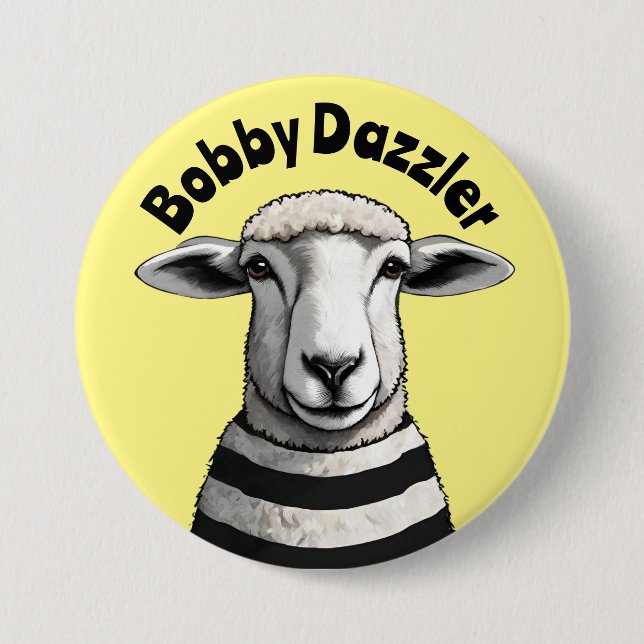 Bobby Dazzler, Geordie pin, Stripy sheep, lamb 3 Inch Round Button (Front)